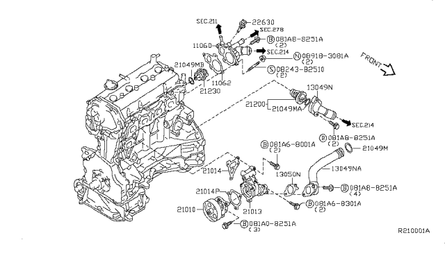 2011 Nissan Altima Pump Assy-Water Diagram for 21010-JA10A
