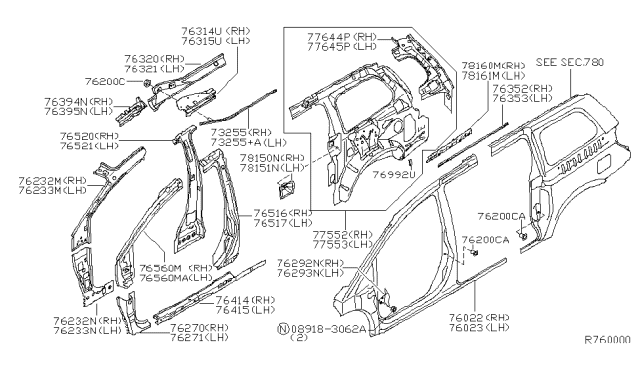 2006 Nissan Quest Drip-Roof,LH Diagram for 76353-5Z030