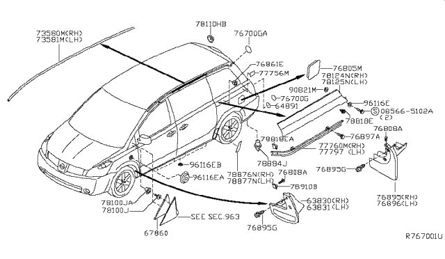 2005 Nissan Quest Protector Rear Side R Diagram for 78876-5Z000