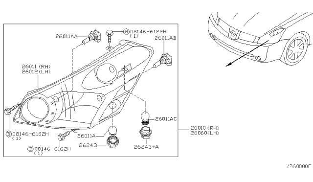 2004 Nissan Quest Passenger Side Headlamp Assembly Diagram for 26010-5Z025