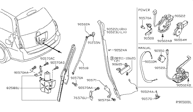 2005 Nissan Quest Back Door Lock Assembly,Lower Diagram for 90506-5Z000