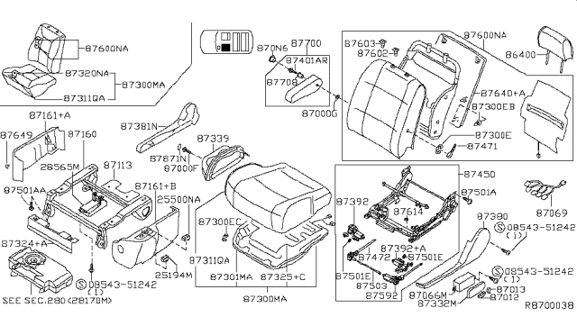 2004 Nissan Quest Front Seat Armrest Assembly Diagram for 87700-5Z42A