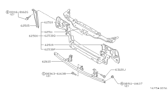1987 Nissan 200SX Front Apron & Radiator Core Support Diagram