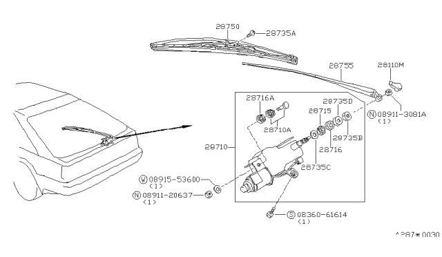 1988 Nissan 200SX Rear Window Wiper Arm Assembly Diagram for 28781-30F00