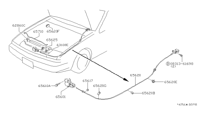 1986 Nissan 200SX Cable Assembly-Hood Lock Diagram for 65620-32F00