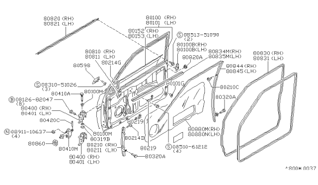 1986 Nissan 200SX Front Door Panel & Fitting Diagram