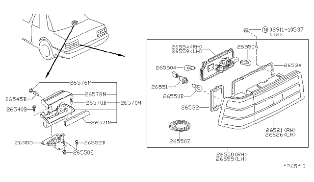 1987 Nissan 200SX Lens-Combination Lamp RH Diagram for 26520-32F00