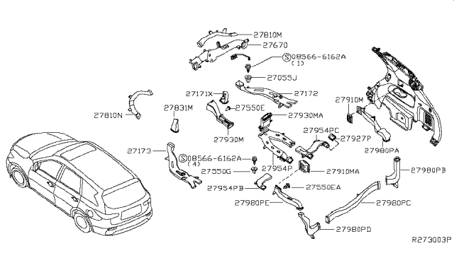 2014 Nissan Pathfinder Duct-Upper Ventilation,Rear Diagram for 27983-3JV0A