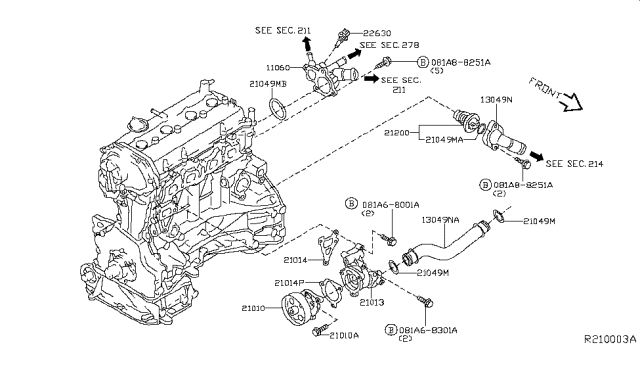2014 Nissan Pathfinder Engine Coolant Thermostat Housing Diagram for 13049-3KY0A