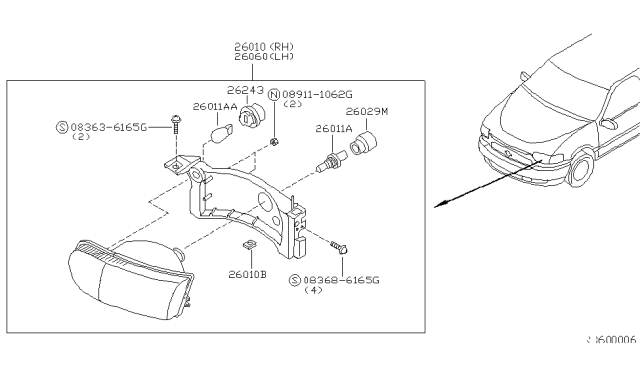 2000 Nissan Quest Driver Side Headlight Assembly Diagram for B6060-7B000