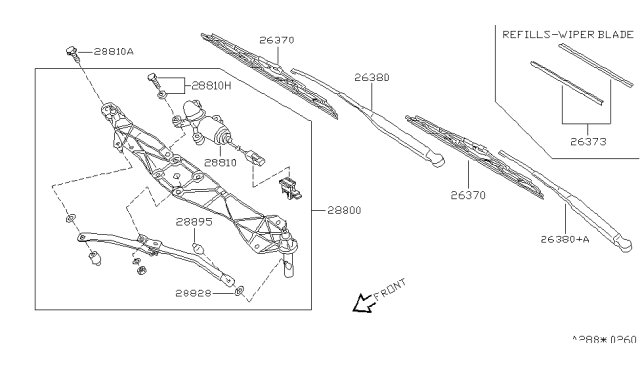 2000 Nissan Quest Windshield Wiper Arm Assembly Diagram for 28886-7B000