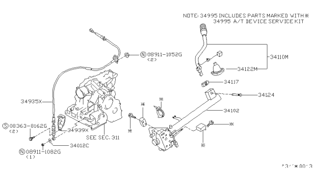 1999 Nissan Quest Control Cable Assembly Diagram for 34935-7B010