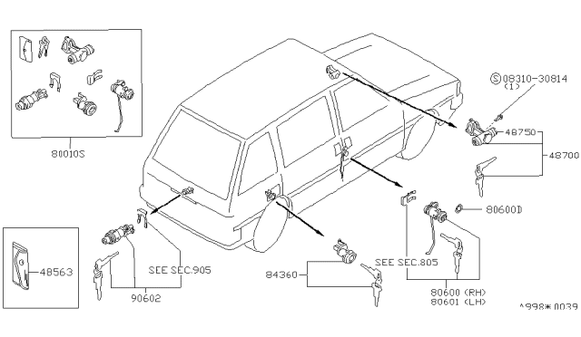 1988 Nissan Stanza Cylinder Door Lock LH Diagram for 80601-01R26