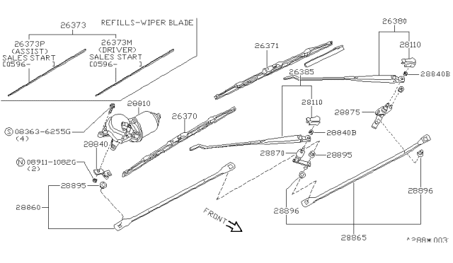 1986 Nissan Stanza Windshield Wiper Arm Assembly Diagram for 28885-29R00