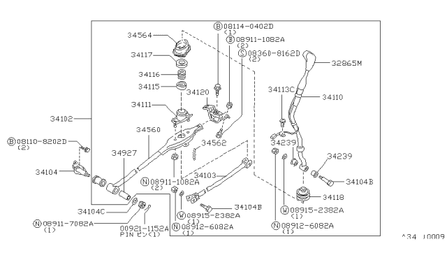 1988 Nissan Stanza Lever Assembly Control Diagram for 34110-25R00