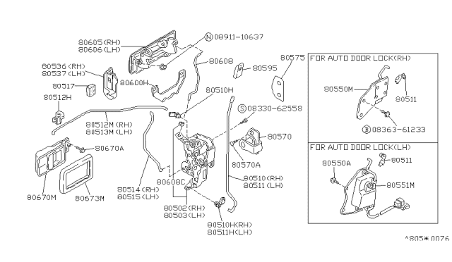 1991 Nissan Stanza Door Inside Handle Assembly Diagram for 80670-51E12