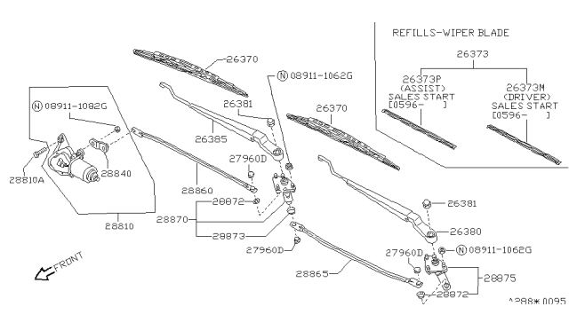 1992 Nissan Stanza Windshield Wiper Arm Assembly Diagram for 28886-61E00