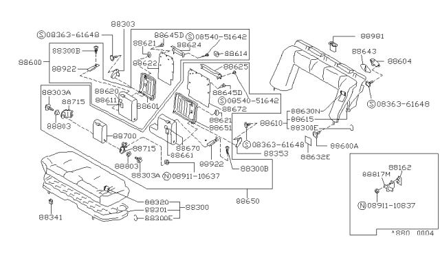 1991 Nissan Stanza Trim Cushion Rear Diagram for 88320-65E02