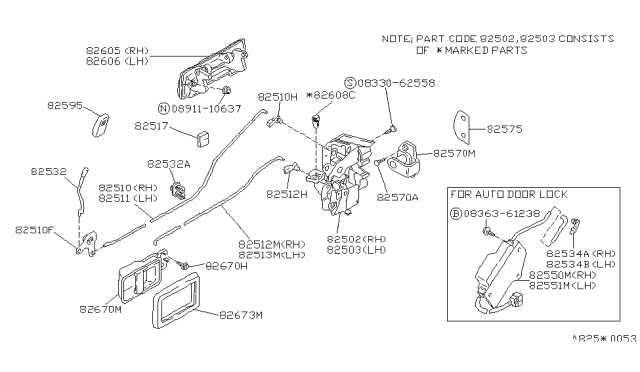 1991 Nissan Stanza Rear Door Outside Handle Assembly Right Diagram for 82606-51E00