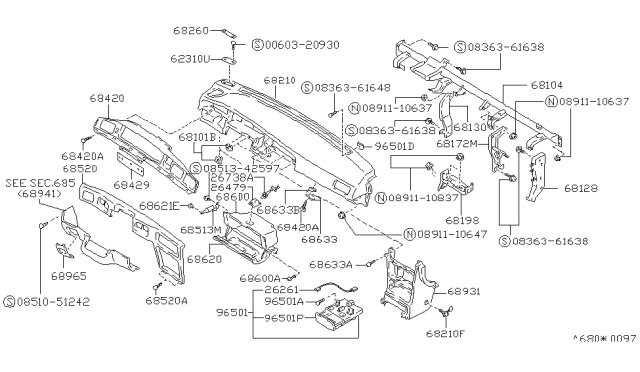 1992 Nissan Stanza Bracket-Instrument Side Diagram for 68128-65E00