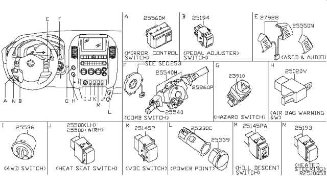 2008 Nissan Pathfinder Switch Assy-Combination Diagram for 25560-ZS00B