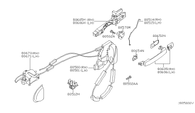 2005 Nissan Pathfinder Front Door Outside Handle Assembly, Right Diagram for 80606-EA557