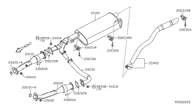 2008 Nissan Pathfinder Exhaust, Main Muffler Assembly Diagram for 20100-ZS00D