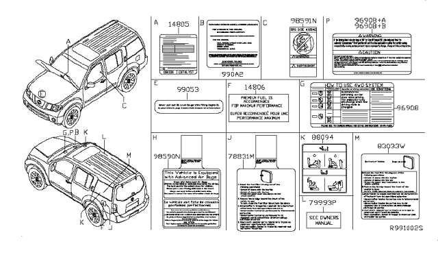 2009 Nissan Pathfinder Label-Parts Content Diagram for 990A2-ZL90A