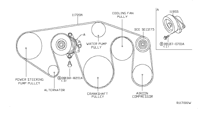 2008 Nissan Pathfinder Fan,Compressor & Power Steering Belt Diagram 1