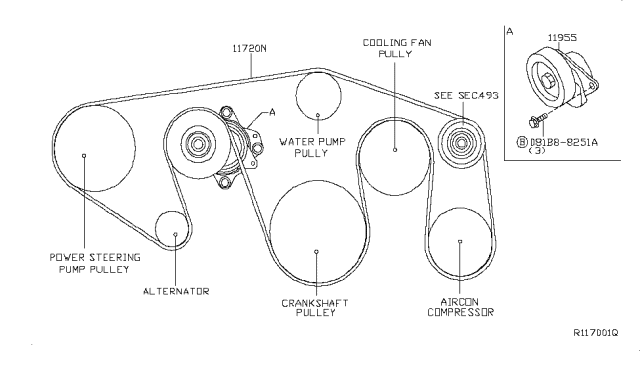 2008 Nissan Pathfinder Fan,Compressor & Power Steering Belt Diagram 2