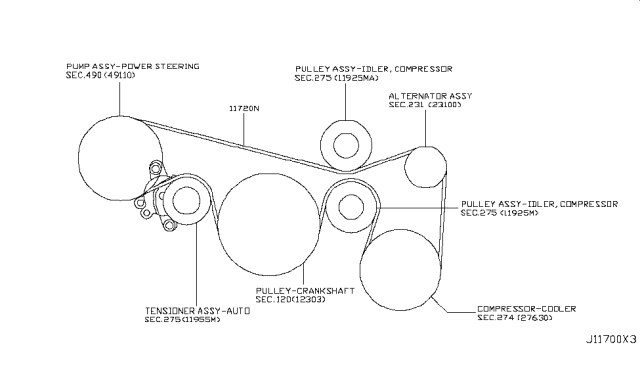 2014 Nissan Murano Fan,Compressor & Power Steering Belt Diagram