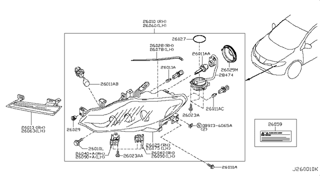 2011 Nissan Murano Driver Side Headlamp Assembly Diagram for 26060-1AA0A
