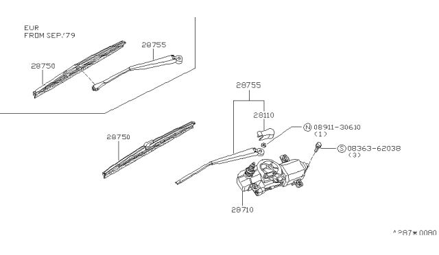 1979 Nissan 200SX Rear Windshield Wiper Blade Assembly Diagram for 28790-F5100