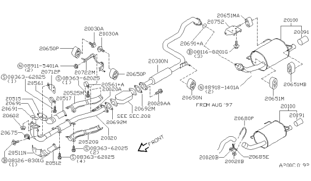 1997 Nissan Sentra Exhaust Muffler Assembly Diagram for 20300-4B011