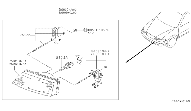 1998 Nissan Sentra Headlamp Unit Diagram for 26014-8B800