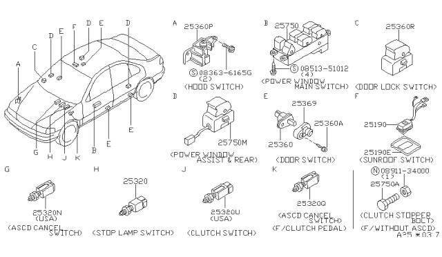 1997 Nissan Sentra Main Power Window Switch Assembly Diagram for 25401-4B210