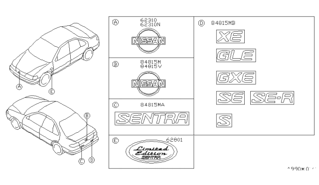 1998 Nissan 200SX Radiator Grille Emblem Diagram for 62889-4B000