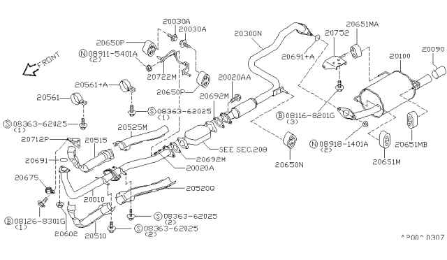 1997 Nissan Sentra Exhaust Tube Front Diagram for 20010-4B011