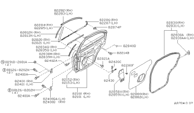 1998 Nissan Sentra Pad-Rear Door Outer,LH Diagram for 82859-0M000