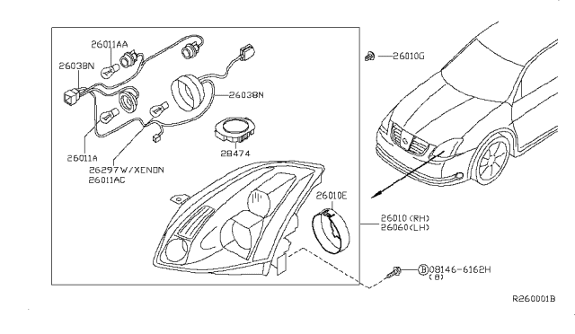 2006 Nissan Maxima Driver Side Headlight Assembly Diagram for 26060-ZA50A