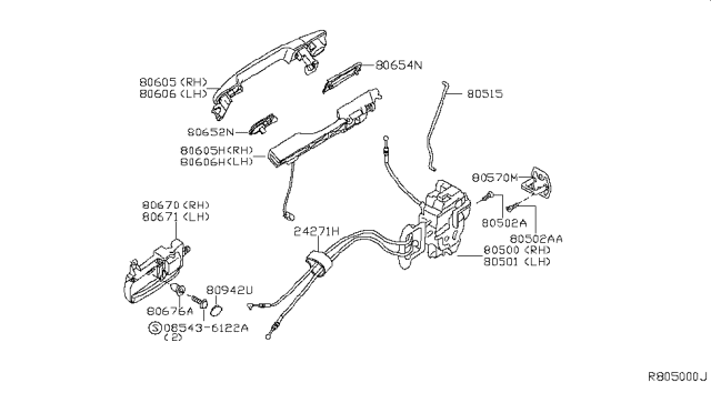 2004 Nissan Maxima Front Door Outside Handle Assembly, Right Diagram for 80606-7Y057
