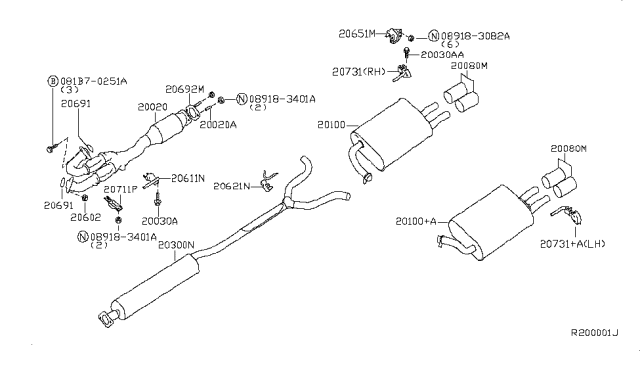 2004 Nissan Maxima Exhaust, Main Muffler Assembly Diagram for 20100-7Y000