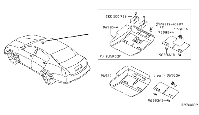 2006 Nissan Maxima Console Assembly-Roof Diagram for 96980-ZK02A