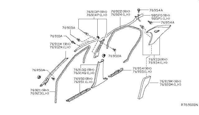 2004 Nissan Maxima Garnish-Center Pillar,Lower LH Diagram for 76916-7Y000