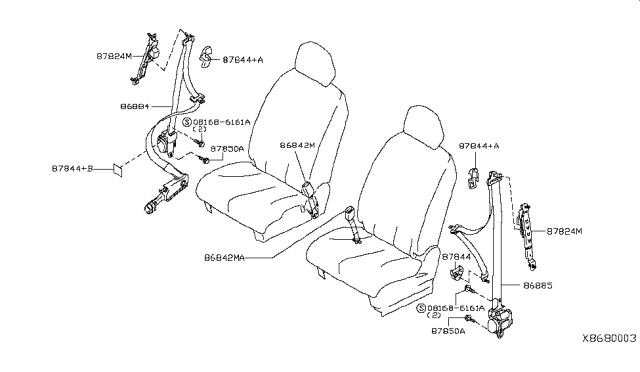 2011 Nissan Versa Pretensioner Front Right Tongue Belt Assembly Diagram for 86884-ZN98B