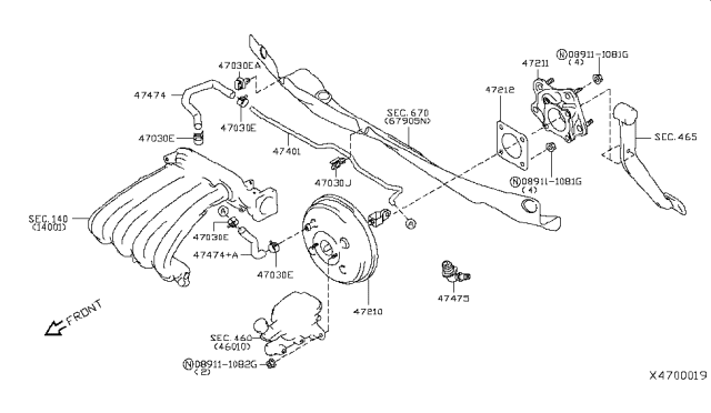 2012 Nissan Versa Master Vacuum Assembly Diagram for 47210-ZW80A