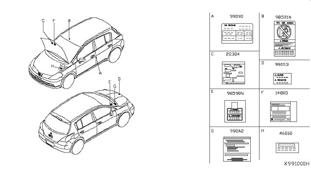 2012 Nissan Versa Label-Parts Content Diagram for 990A2-EM30A
