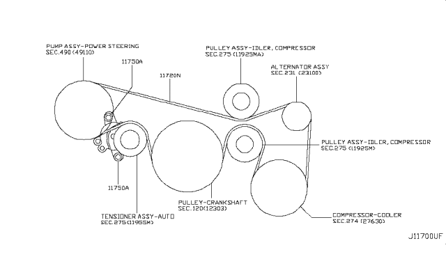 2012 Nissan Murano Fan,Compressor & Power Steering Belt Diagram