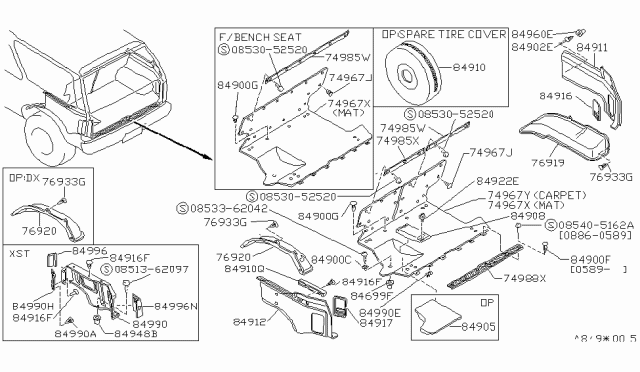 1990 Nissan Pathfinder FINISHER Trunk Side Lower L GRY Diagram for 84951-45G00