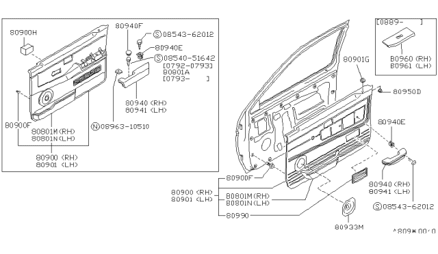 1990 Nissan Pathfinder FINISHER Assembly Front Door LH Diagram for 80901-79G62